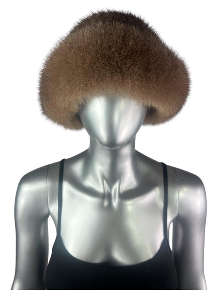 Pastel Mink Knitted Hat W/ Brown Fox Trim, 26” Adjustable, Certified Vintage Fur